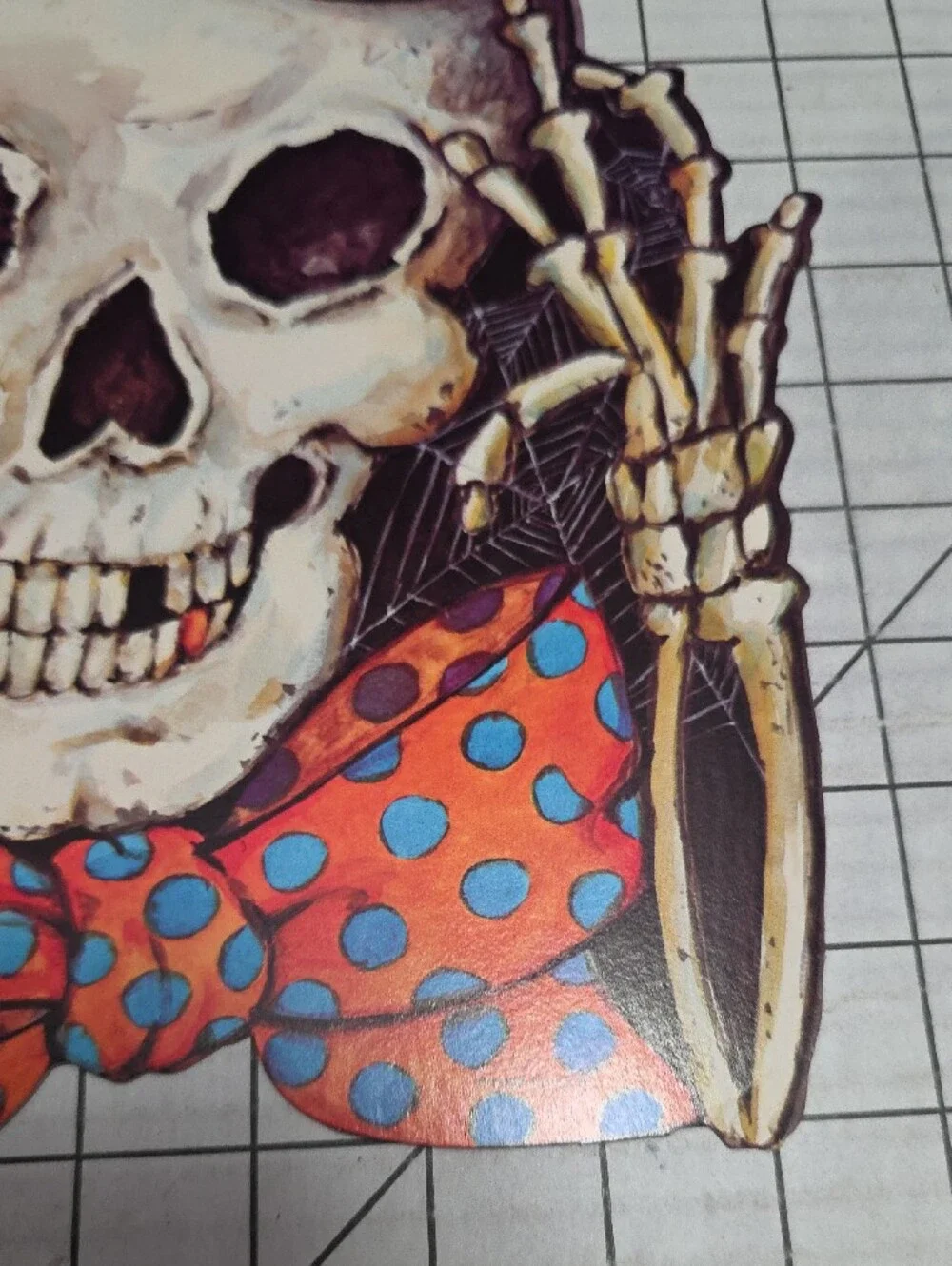 Halloween Skull with Polka Dot Bow Tie and Mini Hat, VTG, 10